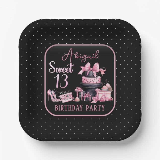 Glam Pink Black Fashion 13th Birthday Party Paper Plate (Front)