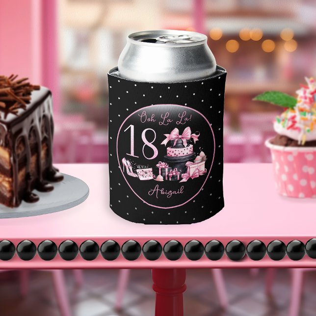 Glam Pink Black Fashion 18th Birthday Party Can Cooler (Glam Pink and Black French Couture Fashion 18th Birthday Party Can Cooler)