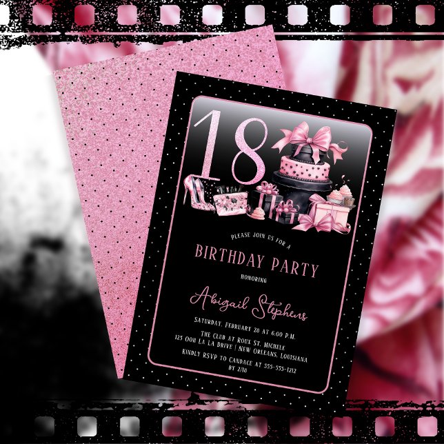 Glam Pink Black Fashion 18th Birthday Party Invitation (Glam Pink and Black French Couture Fashion 18th Birthday Party Invitation)