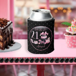 Glam Pink Black Fashion 21st Birthday Party Can Cooler<br><div class="desc">Glamourous French couture-inspired,  "Ooh La La" pink and black "21" 21st birthday design featuring a hat box cake,  pink stilettos and a makeup bag among various unopened birthday presents and luscious cupcakes.  Perfect for celebrating birthday occasions.  Age is created in an uneditable faux pink glitter font.</div>