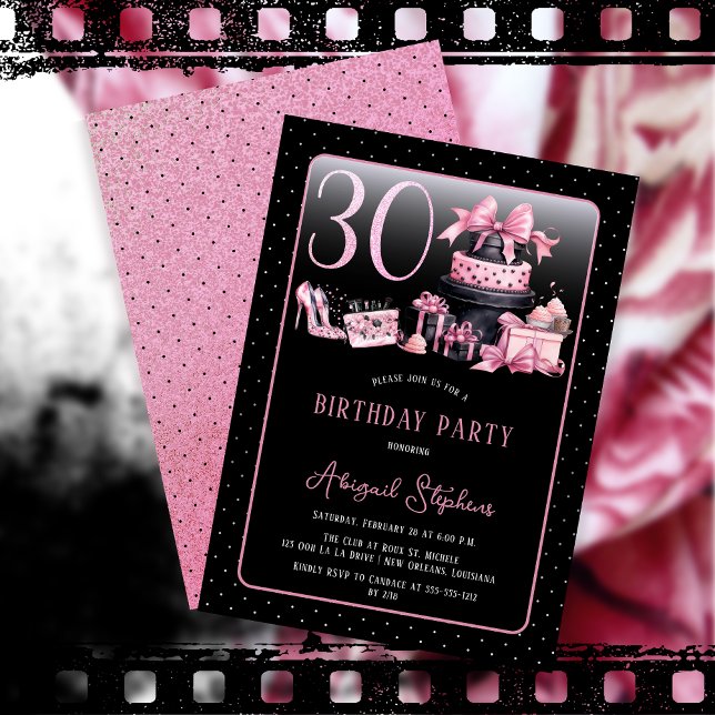 Glam Pink Black Fashion 30th Birthday Party Invitation (Glam Pink and Black French Couture Fashion 30th Birthday Party Invitation)