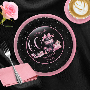 Glam Pink Black Fashion 60th Birthday Party Paper Plate