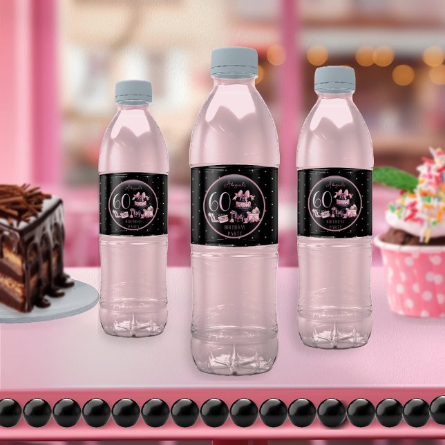 Glam Pink Black Fashion 60th Birthday Party Water Bottle Label (Glam Pink and Black French Couture Fashion 60th Birthday Party Water Bottle Labels)