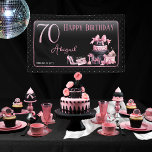 Glam Pink Black Fashion 70th Birthday Party Banner<br><div class="desc">Glamourous French couture-inspired,  pink and black "60" 60th birthday design featuring a hat box cake,  pink stilettos and a makeup bag among various unopened birthday presents and luscious cupcakes.  Perfect for celebrating birthday occasions.  Age is created in an uneditable faux pink glitter font.</div>
