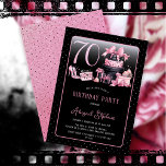 Glam Pink Black Fashion 70th Birthday Party Invitation<br><div class="desc">Glamourous French couture-inspired, pink and black "70" 70th birthday design featuring a hat box cake, pink stilettos and a makeup bag among various unopened birthday presents and luscious cupcakes. Perfect for celebrating birthday occasions. Age is created in an uneditable faux pink glitter font. Please message designer if you need this...</div>