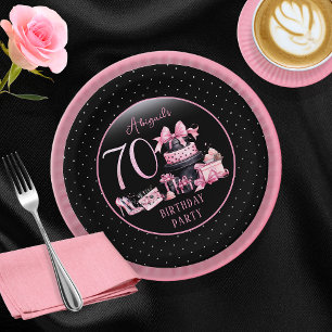 Glam Pink Black Fashion 70th Birthday Party Paper Plate
