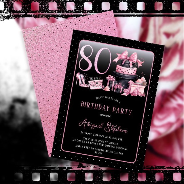 Glam Pink Black Fashion 80th Birthday Party Invitation (Glam Pink and Black French Couture Fashion 80th Birthday Party Invitation)