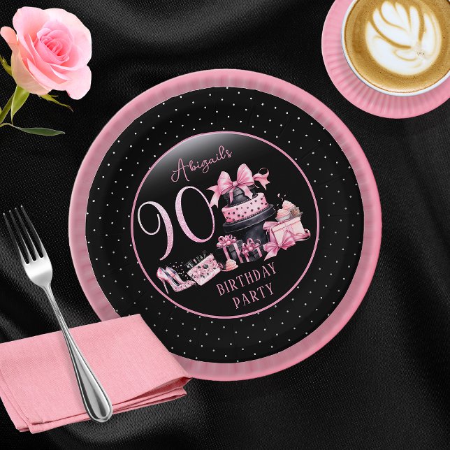 Glam Pink Black Fashion 90th Birthday Party Paper Plate (Glam Pink and Black French Couture Fashion 90th Birthday Party Paper Plates)