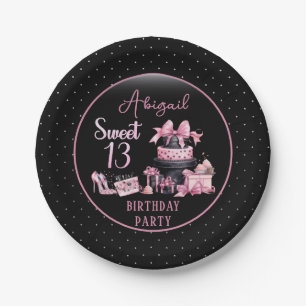Glam Pink Black Fashion Sweet 13 Birthday Party Paper Plate