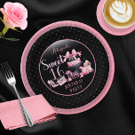 Glam Pink Black Fashion Sweet 16 Birthday Party Paper Plate<br><div class="desc">Glamourous French couture-inspired,  pink and black "Sweet 16" 16th birthday design featuring a hat box cake,  pink stilettos and a makeup bag among various unopened birthday presents and luscious cupcakes.  Perfect for celebrating birthday occasions.  Age is created in an uneditable faux pink glitter fon</div>