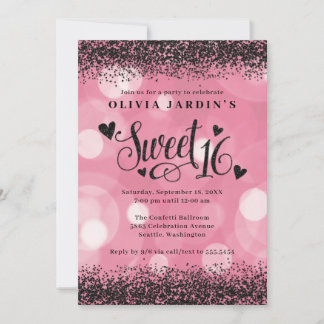 Glam Pink & Black Glitter Sweet 16 Invitation
