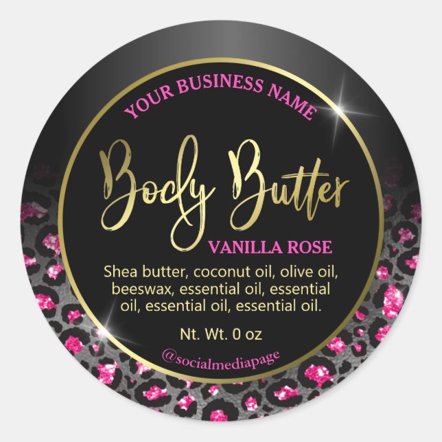 Glam Pink Black Leopard Print Body Butter Labels (Front)