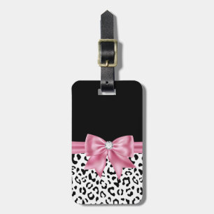 Glam Pink Bow Diamond Black Snow Leopard Luggage Tag