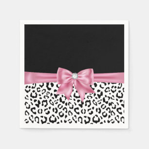 Glam Pink Bow Diamond Black Snow Leopard Napkin