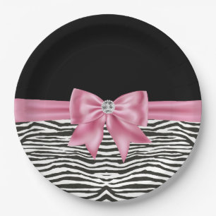 Glam Pink Bow Diamond Zebra Print Black Paper Plate