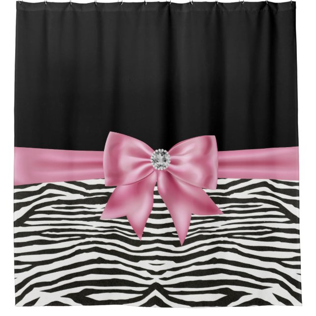 Glam Pink Bow Diamond Zebra Print Black  Shower Curtain (Front)