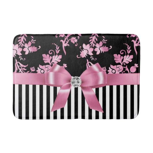 Glam Pink Bow-Pink Stencil-Black White Pinstripes Bath Mat (Front)