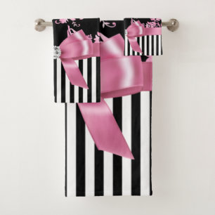 Glam Pink Bow-Pink Stencil-Black White Pinstripes Bath Towel Set