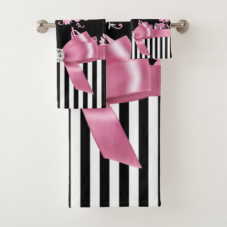 Glam Pink Bow-Pink Stencil-Black White Pinstripes Bath Towel Set