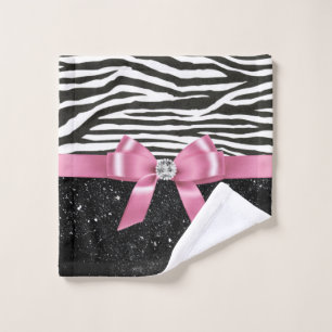 Glam Pink Bow-Zebra Print-Black Sparkle Bath Towel Set