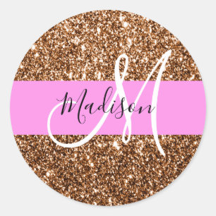 Glam Pink & Bronze Glitter Sparkles Monogram Name Classic Round Sticker
