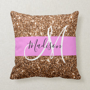 Glam Pink & Bronze Glitter Sparkles Monogram Name Cushion