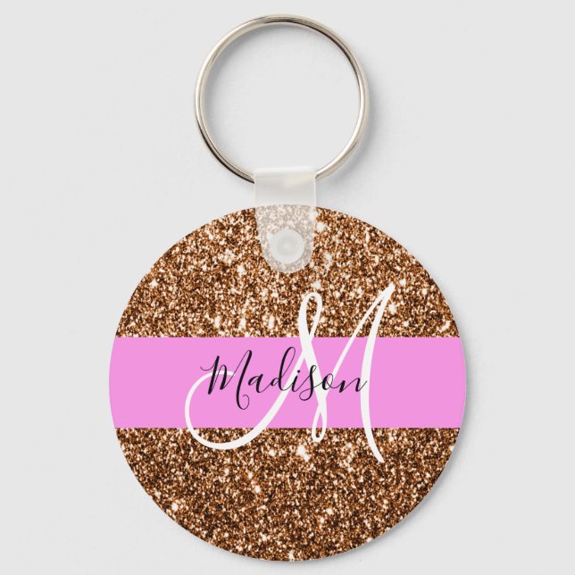 Glam Pink & Bronze Glitter Sparkles Monogram Name Key Ring (Front)