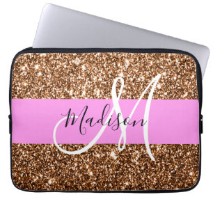 Glam Pink & Bronze Glitter Sparkles Monogram Name Laptop Sleeve