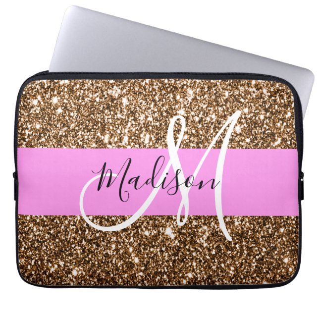 Glam Pink & Bronze Glitter Sparkles Monogram Name Laptop Sleeve (Front)