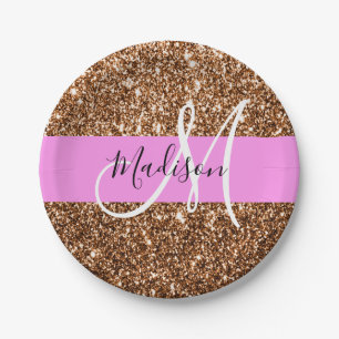 Glam Pink & Bronze Glitter Sparkles Monogram Name Paper Plate