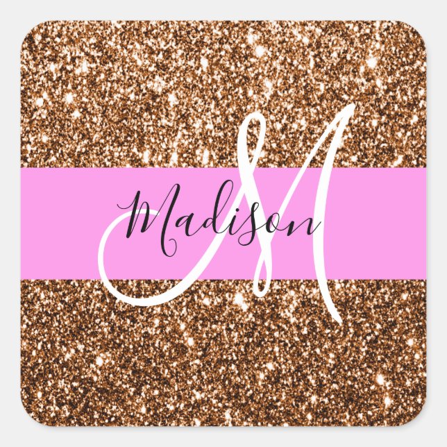 Glam Pink & Bronze Glitter Sparkles Monogram Name Square Sticker (Front)