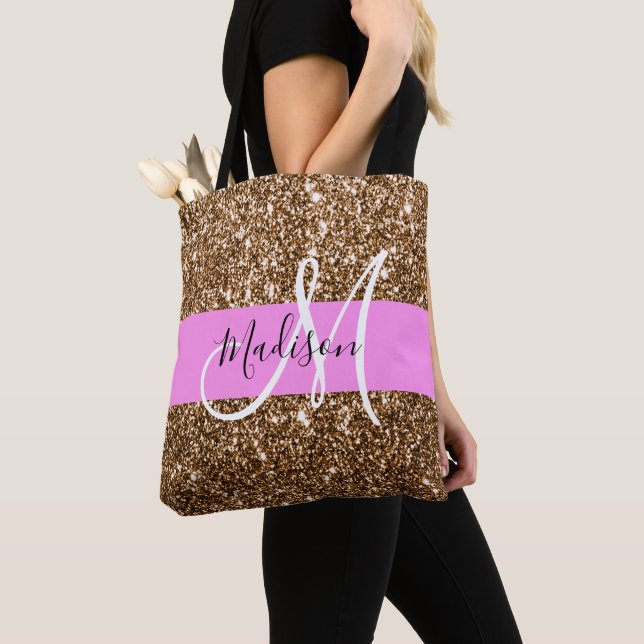 Glam Pink & Bronze Glitter Sparkles Monogram Name Tote Bag (Close Up)