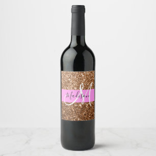 Glam Pink & Bronze Glitter Sparkles Monogram Name Wine Label