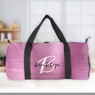Glam Pink Brushed Metal Black White Monogram Duffle Bag