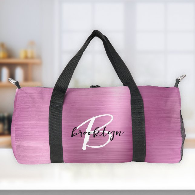 Glam Pink Brushed Metal Black White Monogram  Duffle Bag (Creator Uploaded)