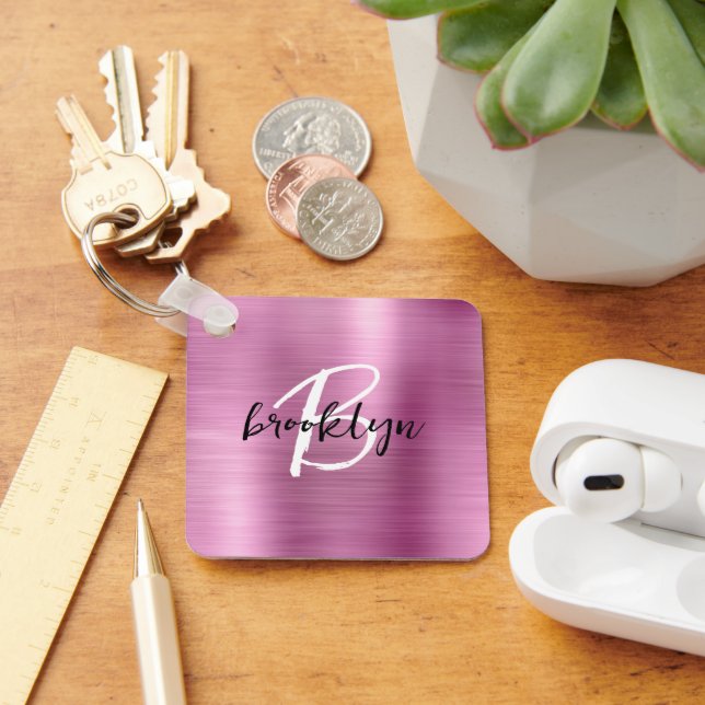 Glam Pink Brushed Metal Monogram  Key Ring (Desk)