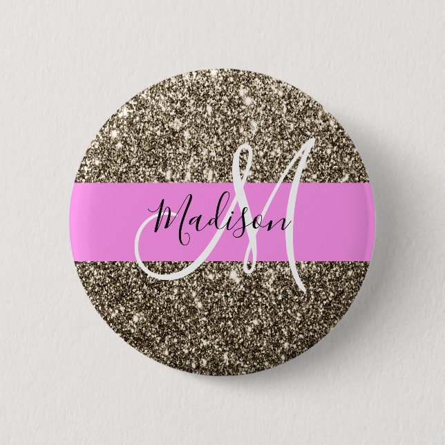 Glam Pink Champagne Gold Glitter Sparkle Monogram 6 Cm Round Badge (Front)