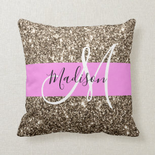 Glam Pink Champagne Gold Glitter Sparkle Monogram Cushion
