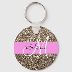 Glam Pink Champagne Gold Glitter Sparkle Monogram Key Ring