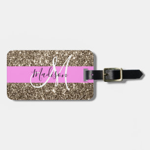 Glam Pink Champagne Gold Glitter Sparkle Monogram Luggage Tag