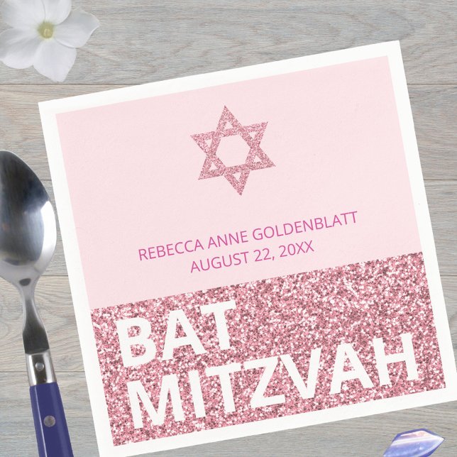 Glam Pink Chic Elegant Religious Bat Mitzvah Napkin (Just add your daughter's name and the date of the Bat Mitzvah to these bold pink glam paper napkins)