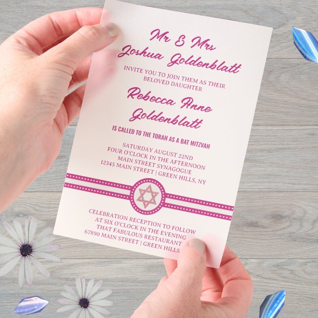 Glam Pink Chic Elegant Traditional Bat Mitzvah Vellum Invitations (Pink glam Bat Mitzvah invitations printed on vellum paper overlays)