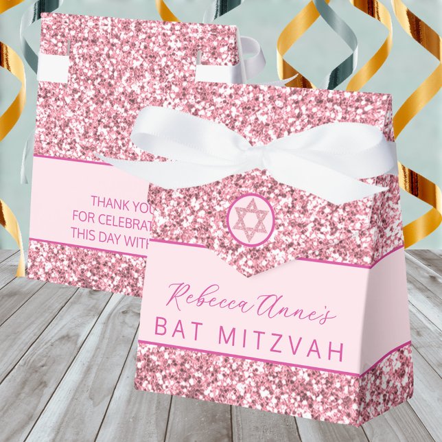 Glam Pink Chic Faux Glitter Bat Mitzvah Party Favour Box (These pink faux glitter Bat Mitzvah favor boxes are easy to personalize)