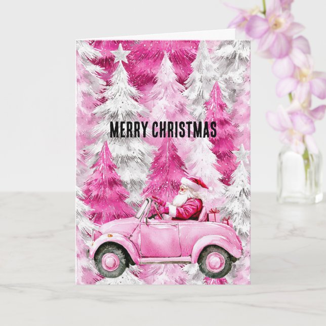 Glam Pink Christmas Trees Santa in Car Card (Orchid)