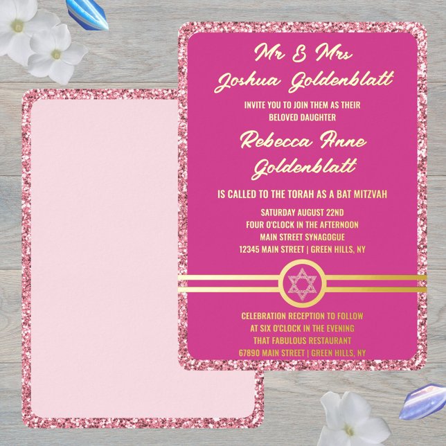 Glam Pink Classic Elegant Bat Mitzvah Gold (Real gold foil printing gives these pink Bat Mitzvah invitations an elegant feel)