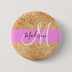 Glam Pink & Copper Glitter Sparkles Monogram Name 6 Cm Round Badge