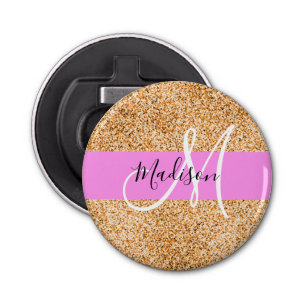 Glam Pink & Copper Glitter Sparkles Monogram Name Bottle Opener