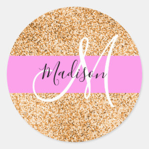 Glam Pink & Copper Glitter Sparkles Monogram Name Classic Round Sticker