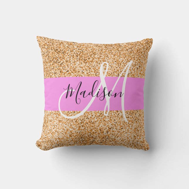 Glam Pink & Copper Glitter Sparkles Monogram Name Cushion (Front)