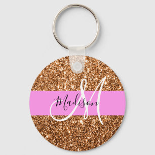 Glam Pink & Copper Glitter Sparkles Monogram Name Key Ring